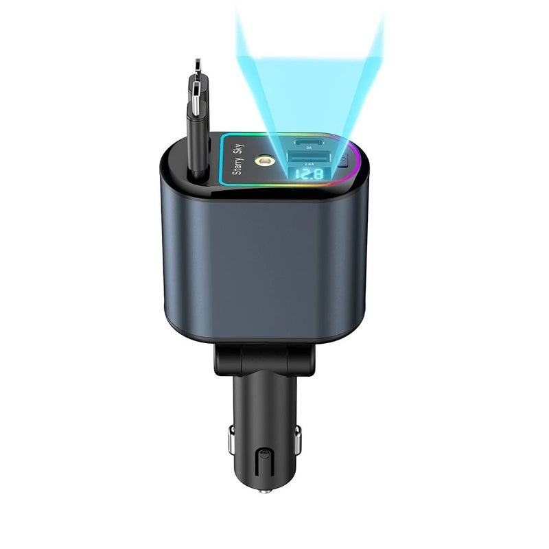 Bluejw C9 LED Display Retractable 4-in-1 Car Charger: Fast Charging, Ambient Light, Automobile Adapter for Type-C & More - Image 2